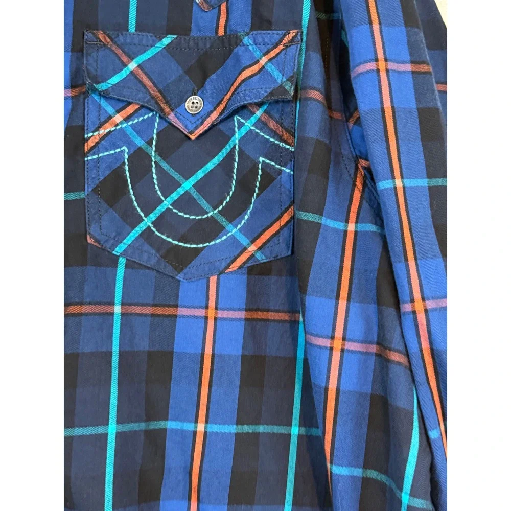 True Religion Mens 3XL Blue Orange Plaid Western Button Down Horseshoe Shirt Y2K
